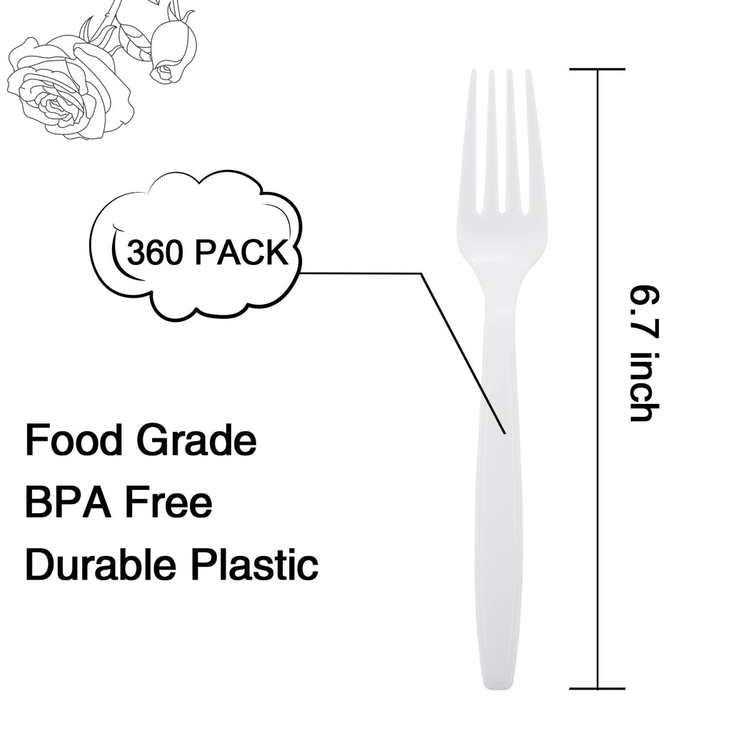 Liacere 360 Pieces White Plastic Forks - Disposable Forks - 6.7inch Heavy Duty Fork - White Plastic Utensils -Perfect for Parties Dinners Restaurants