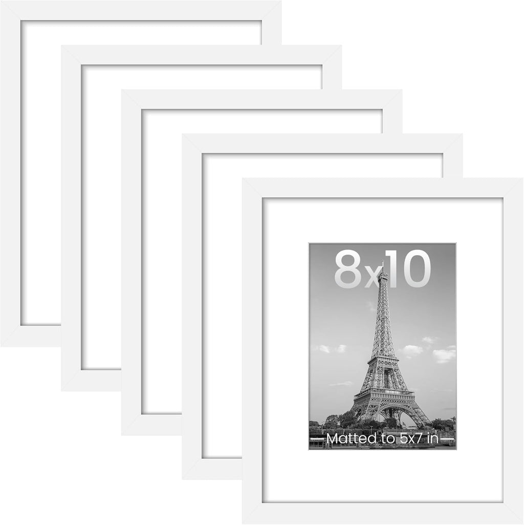 Upsimples 8x10 Picture Frame Set of 5 - Versatile Display for 5x7 with Mat or 8x10 Without - White