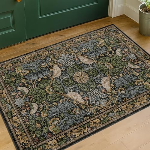 2x3 Vintage Floral Washable Rug - Non-Slip Botanical Area Mat