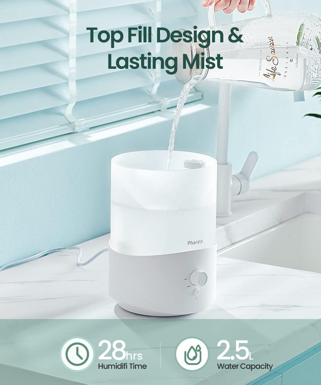 Pharata Humidifier - 2.5L Cool Mist Essential Oil Diffuser for Large Rooms | Top Fill Design, Auto Shut-Off