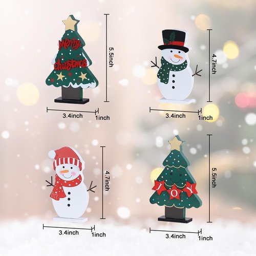 DECSPAS Christmas Decorations - 4 PCS Wooden Christmas Trees & Snowmen for Festive Table Centerpieces