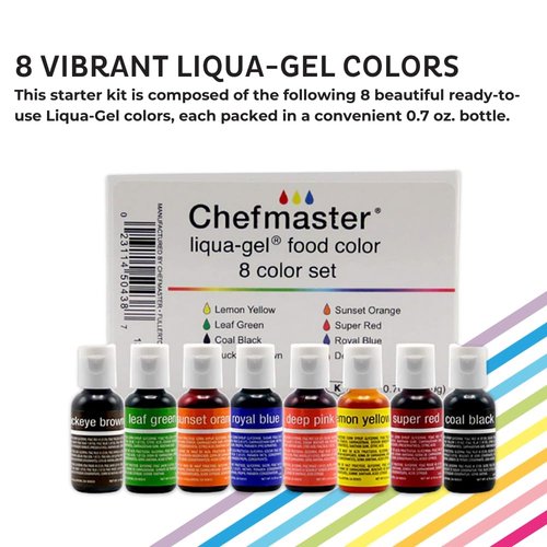 Chefmaster Liqua-Gel Food Coloring - Vibrant, Fade-Resistant Colors - 8 Pack - Easy to Blend, Made in the USA