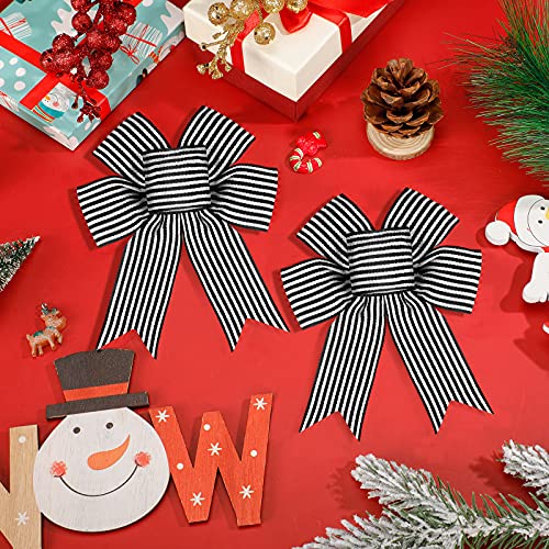 MTLEE 12-Pack Black White Stripe Christmas Bows with Hemp Rope, 5x7 inch