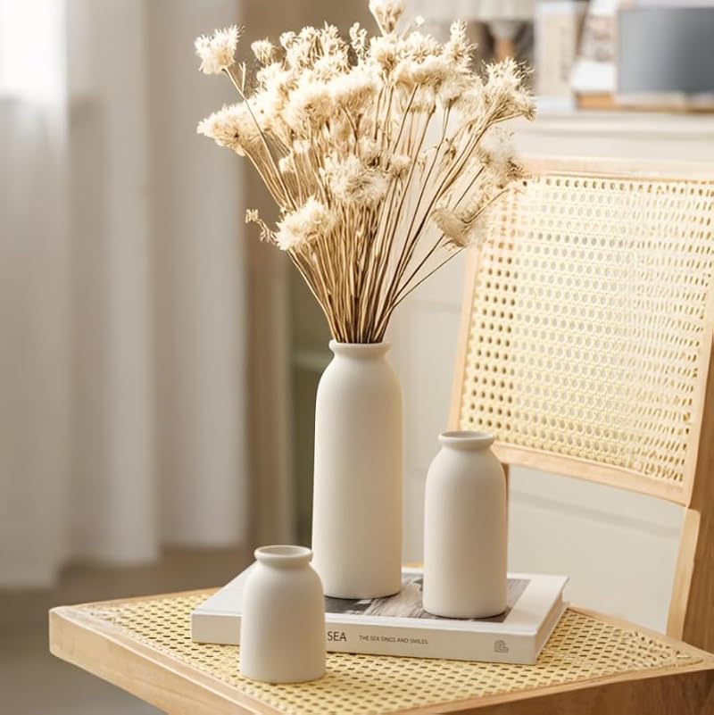 Ceramic Vase Set of 3 - Distressed Beige Vases for Pampas Grass & Decor