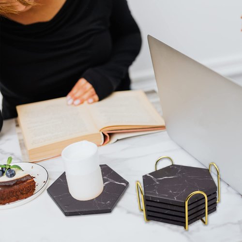 Warmroom Absorbent Hexagon Black Marble Coasters for Drink with Gold Holder and Cork Base Set of 6 Decorative Tabletop Protection for Bar Kitchen Home and Dining Room