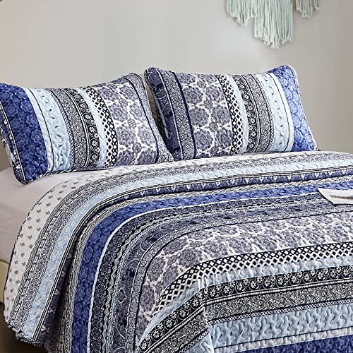 Boho Quilt Set King Size - Blue Bohemian 3-Piece Lightweight Bedspread Coverlet