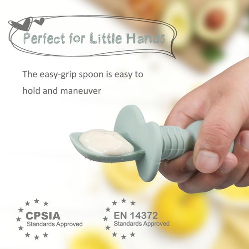 Ginbear Platinum Silicone Baby Spoons - Non-Toxic Self-Feeding Utensils for Infants | 4-Pack in Dark Sage/Ivory