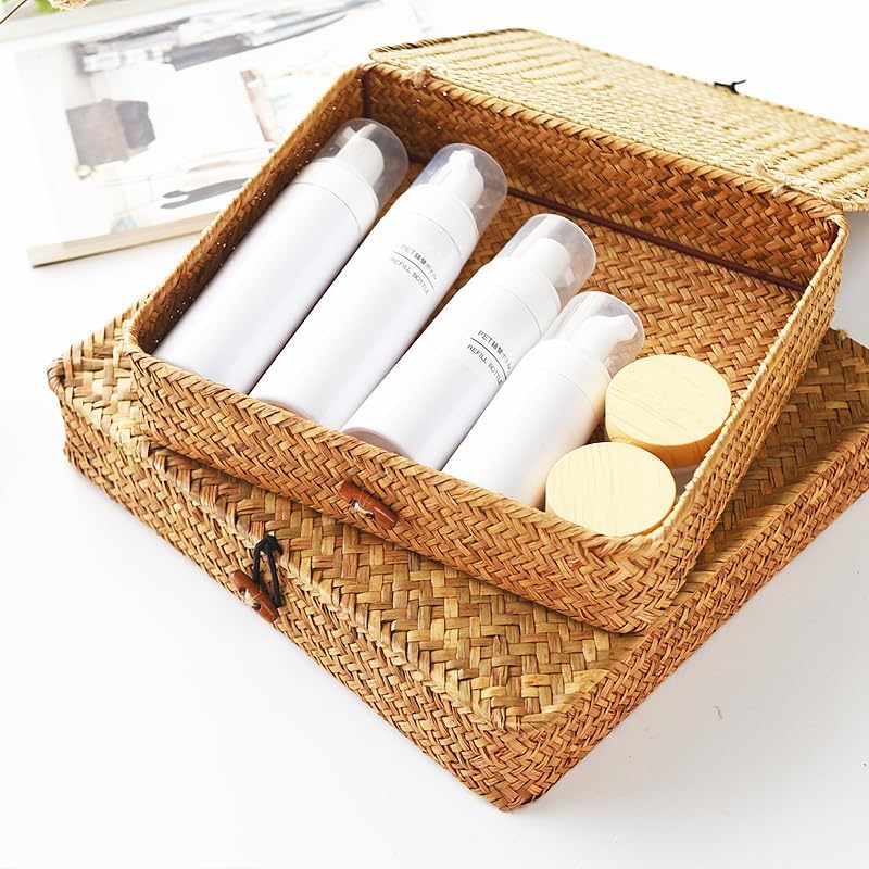 Seagrass Storage Baskets - Decorative Woven Baskets with Lid for Organizing | Shallow Design