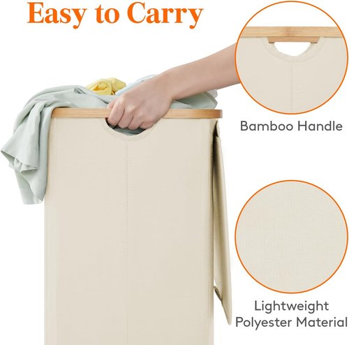 Lifewit 100L Laundry Basket - Foldable Hamper with Lid & Bamboo Handles | Removable Bag, White
