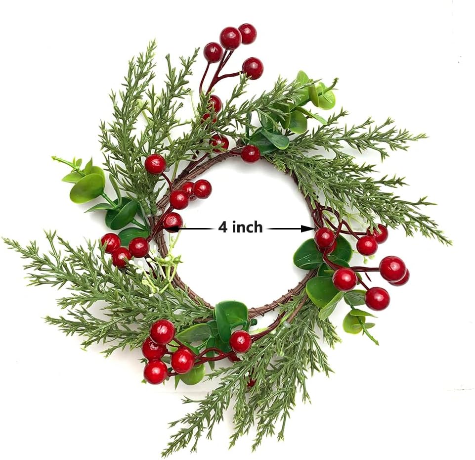Skiennix Christmas Candle Rings - 4 Inch Rustic Wreaths with Red Berries & Pine Needles | Perfect Table Centerpiece Decor