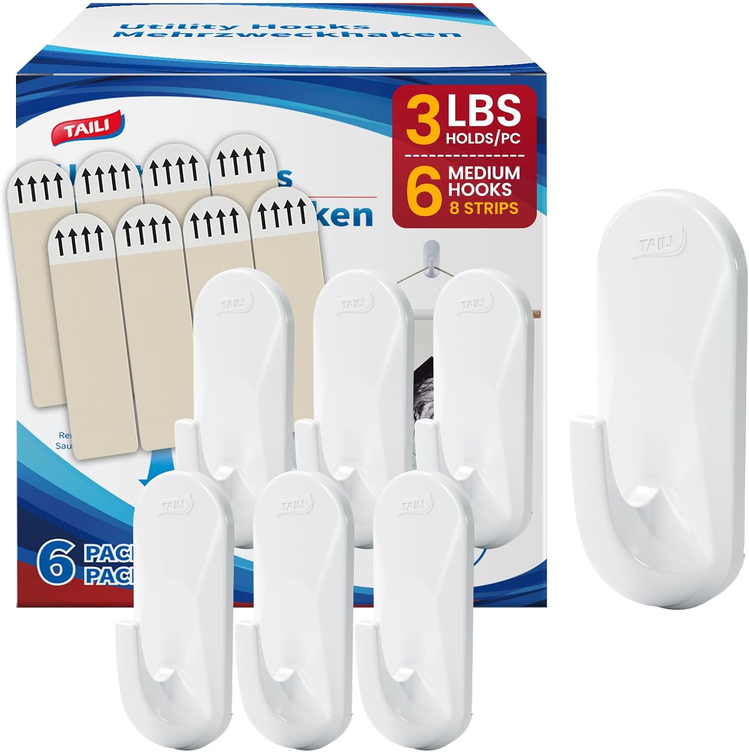 TAILI Heavy-Duty Adhesive Hooks - No Damage Utility Hooks for Walls | Removable & Reusable, White, 6 Pack