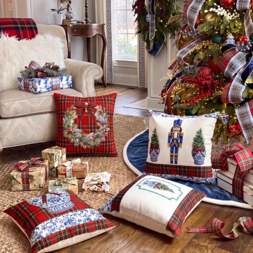 Tingjoo 18x18 Inch Christmas Pillow Covers Set - Tartan Plaid & Chinoiserie Holiday Cushions
