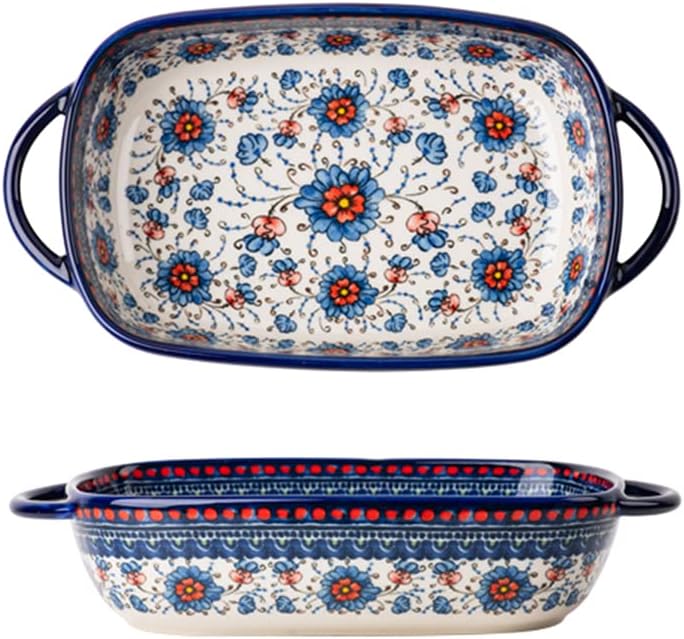 Skiennix Vintage Ceramic Bakeware Casserole Dish - 22 Oz Flower Design with Handles for Oven Cooking