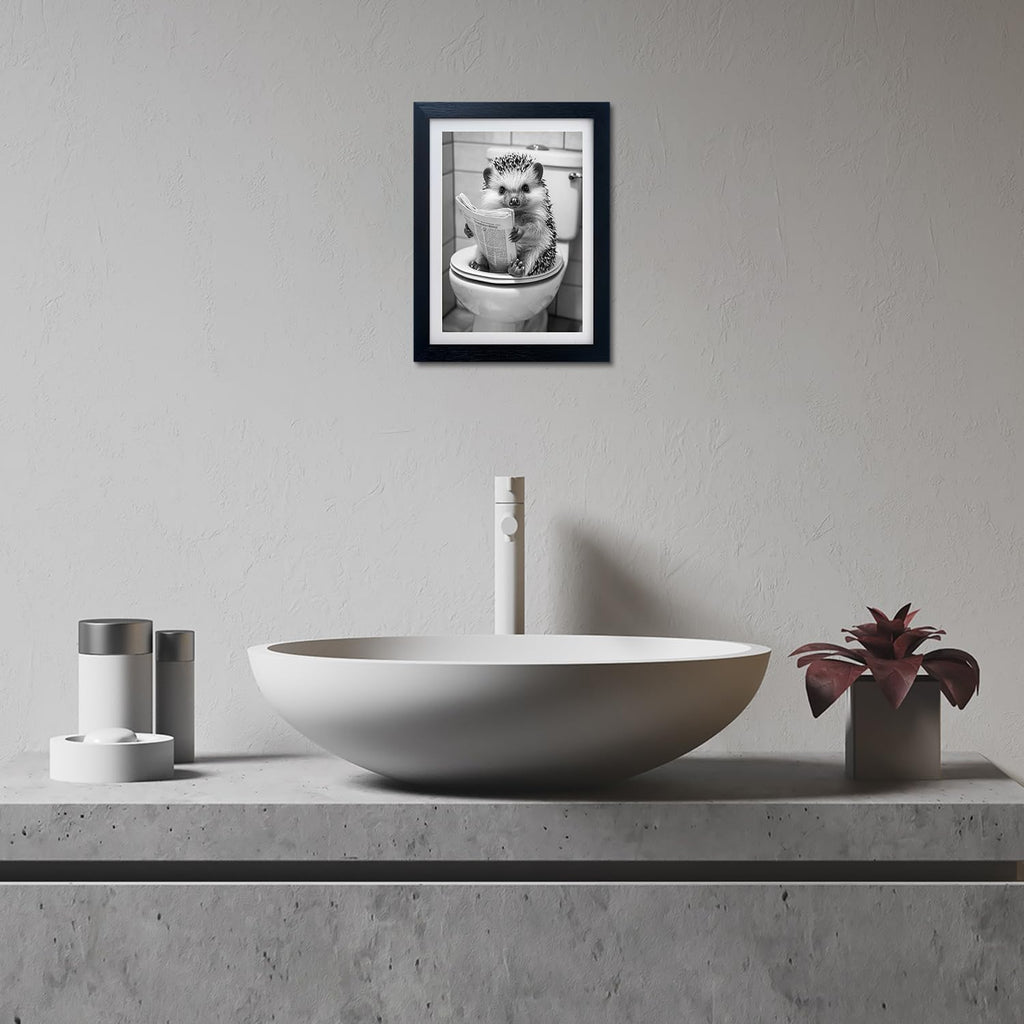 Regine Switzerland Funny Bathroom Wall Decor - Framed Black and White Hedgehog Reading Newspaper