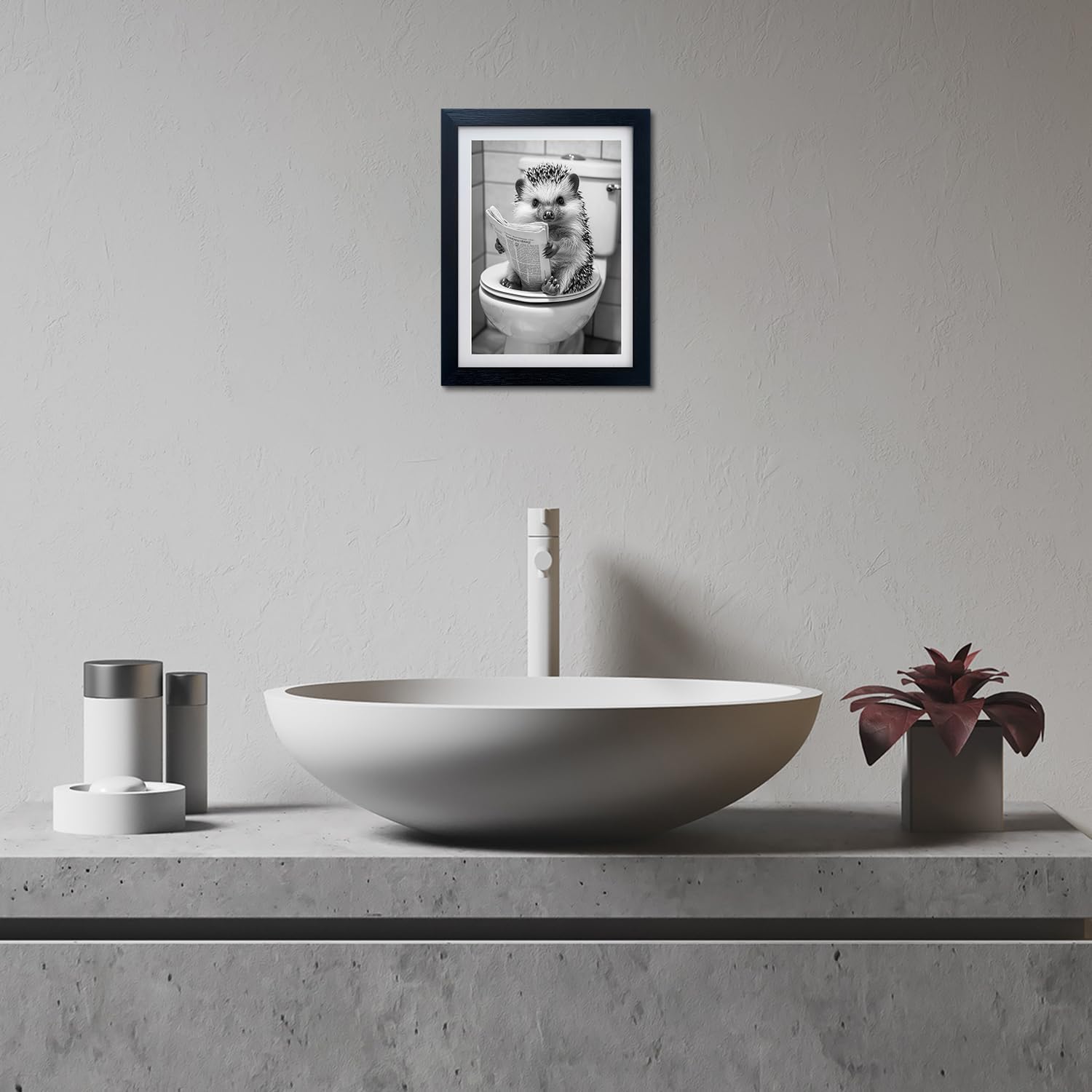 Regine Switzerland Funny Bathroom Wall Decor - Framed Black and White Hedgehog Reading Newspaper