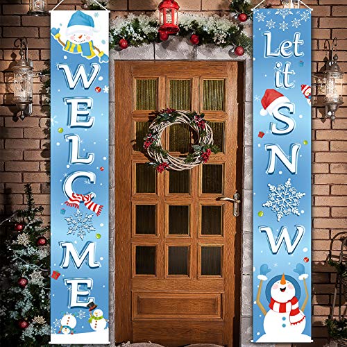 Blulu Let It Snow Welcome Front Door Porch Sign - Christmas Decoration Banner (Light Blue)