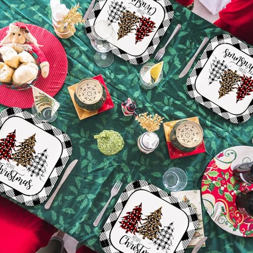 Whaline Christmas Plaid Tree Square Paper Plates 9 Inch - Holiday Party Supplies