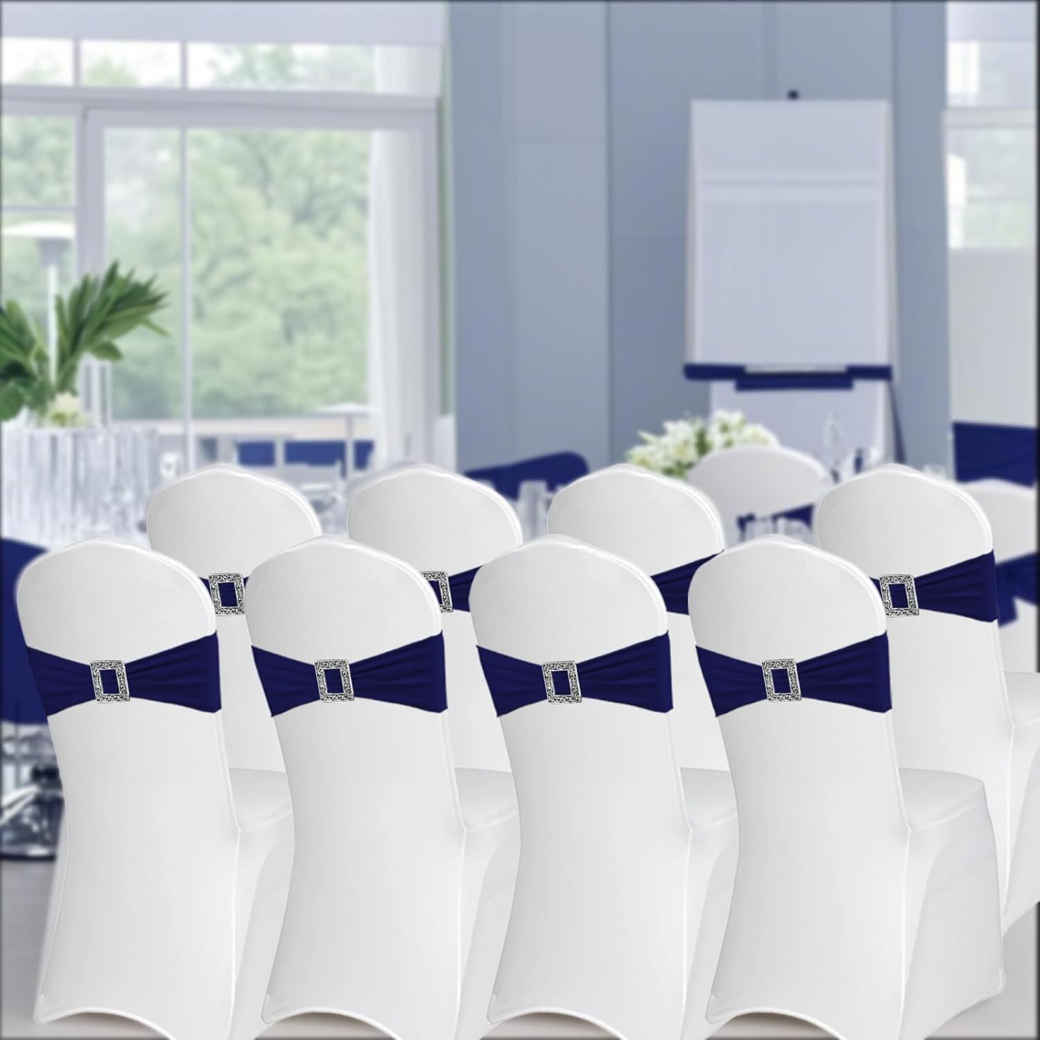 Skiennix Spandex Stretch Chair Sashes - 100 Pack Elastic Covers with Buckle Slider for Weddings & Events | Navy Blue