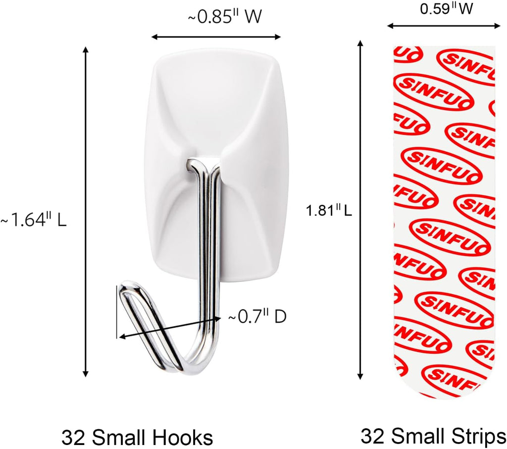 Sinfuo Heavy-Duty Wall Hooks - 32 Small Wire Hooks with 36 Damage-Free Adhesive Strips | Ideal for Keys, Coats, and More