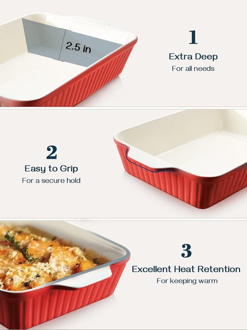 DOWAN 9x13-Inch Deep Casserole Baking Dish - 135 oz Ceramic Pan with Handles | Oven Safe, Red