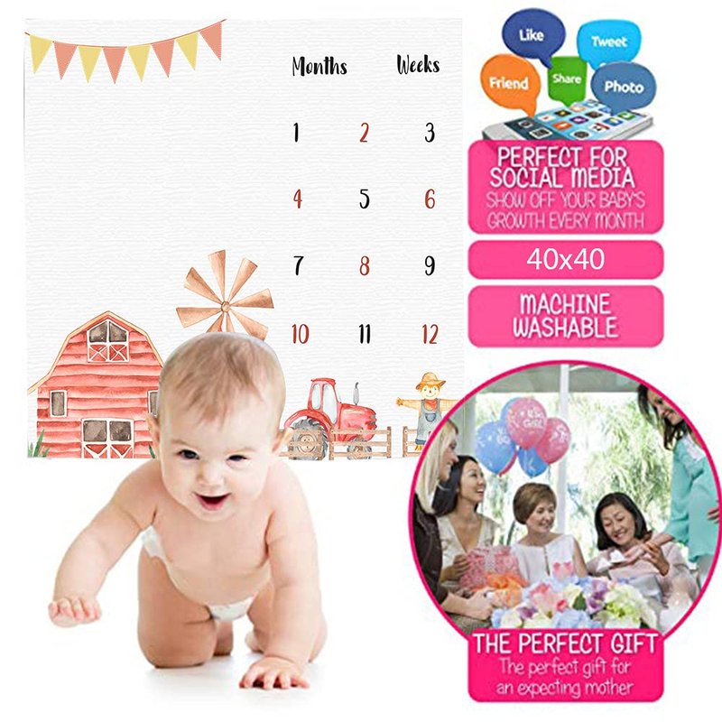 F-FUN SOUL Monthly Milestone Blanket, 48x40in, Farm Baby Blankets, Tractor and Barn Nursery Swaddling Blankets, Newborn Mom Gifts, Baby Shower Age Growth Tracker with Bonus Maker