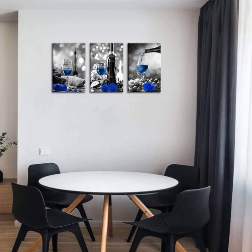 Wine Rose Artwork for Home Walls - Black and White With Blue Wine Painting - Dining Room Decor - Stretched 16x24 Inch