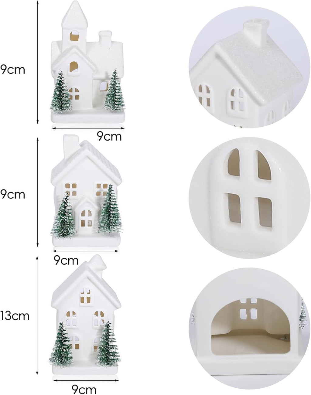 Regine Switzerland Christmas Village Set - 3 Lighted Ceramic Houses with Trees - Rustic White Holiday Decor