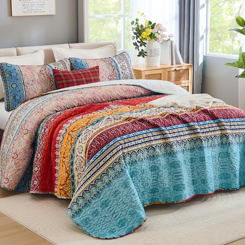 WONGS BEDDING Boho Queen Quilt Set - 3-Piece Lightweight Bedspread Coverlet