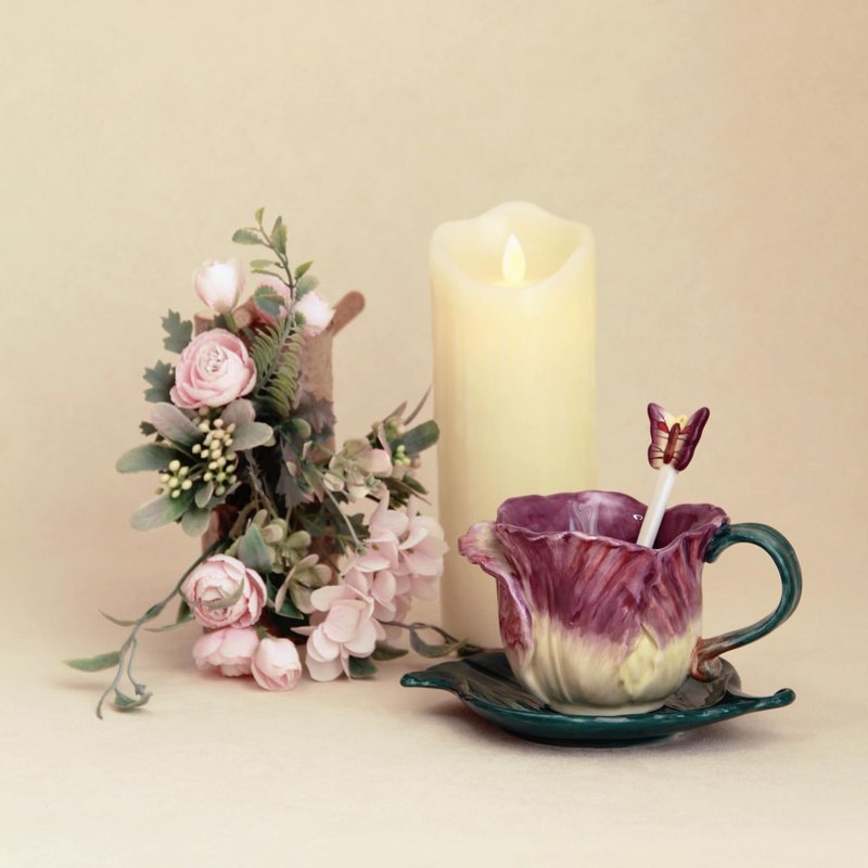 Minigift Ceramic Tea Cup and Saucer Set ，6OZ 3D Hand-Painted Flower and Lotus Leaf Coffee Mug，Gift for Women- Purple Tulip