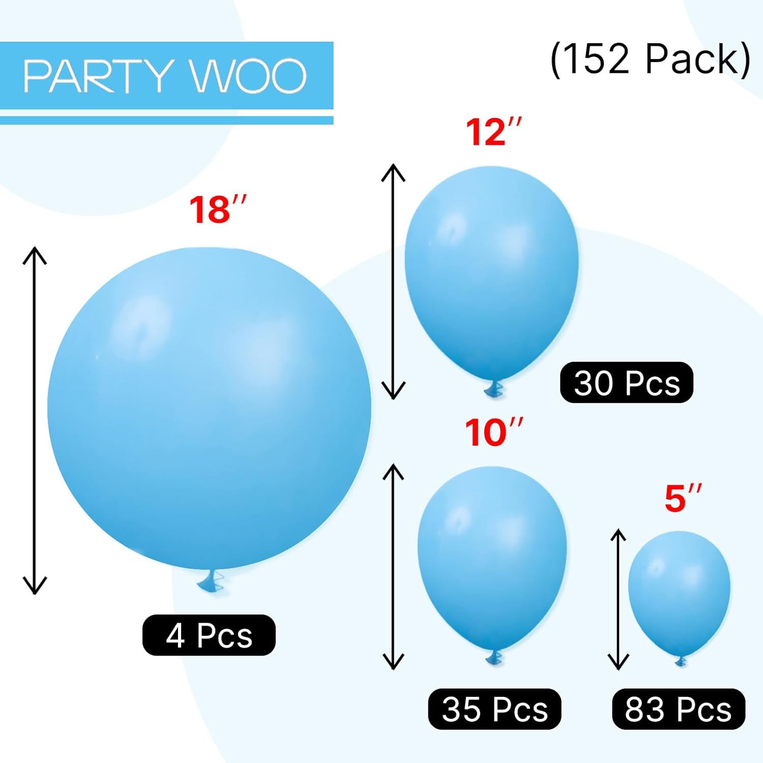 PartyWoo Light Blue Balloons - 152-Piece Pastel Balloon Arch Kit for Baby Showers & Graduations | 5-12 Inch Sizes