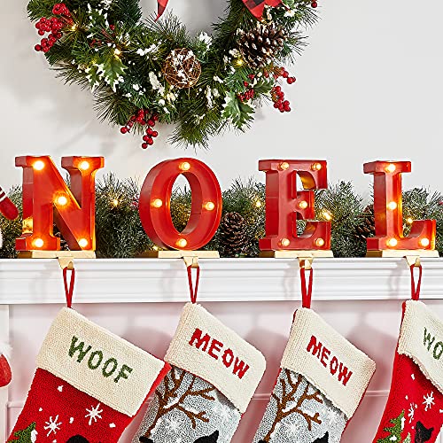 Red Noel Christmas Stocking Holders Set of 4 - Decorative Metal & Wooden Hangers for Fireplace Mantel