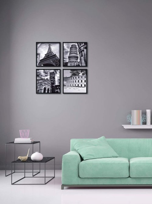 Wieco Art Framed Wall Art Architectures Modern 4 Panels Giclee Canvas Prints Europe Buildings Black and White Landscape Canvas Wall Art Black Picture Frames for Home Office Decorations
