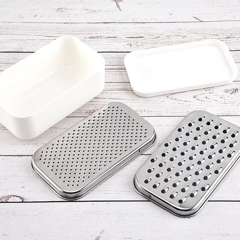 XANHOY Cheese Grater with Food Saver Container 2 In1 Fruit Vegetable Chopper Onion Choppers with Container Stainless Steel Rectangle Box and Graters Cheese Grater Handheld Metal, White