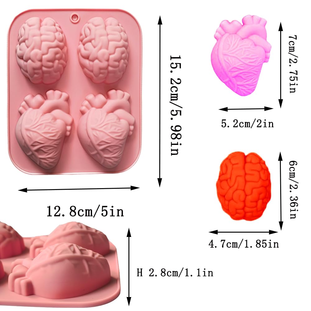 Silicone Heart and Brain Mold - 4Pcs 3D Realistic Halloween Heart and Brain Jelly Mold for Chocolate, Jelly, Pudding, Gelatin Molds