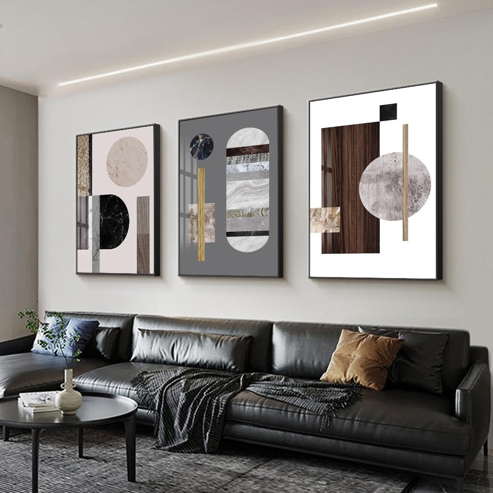QKF Large Geometry Wall Art - Modern Abstract Canvas Paintings for Living Room | 3 Panels, 16” x 24”