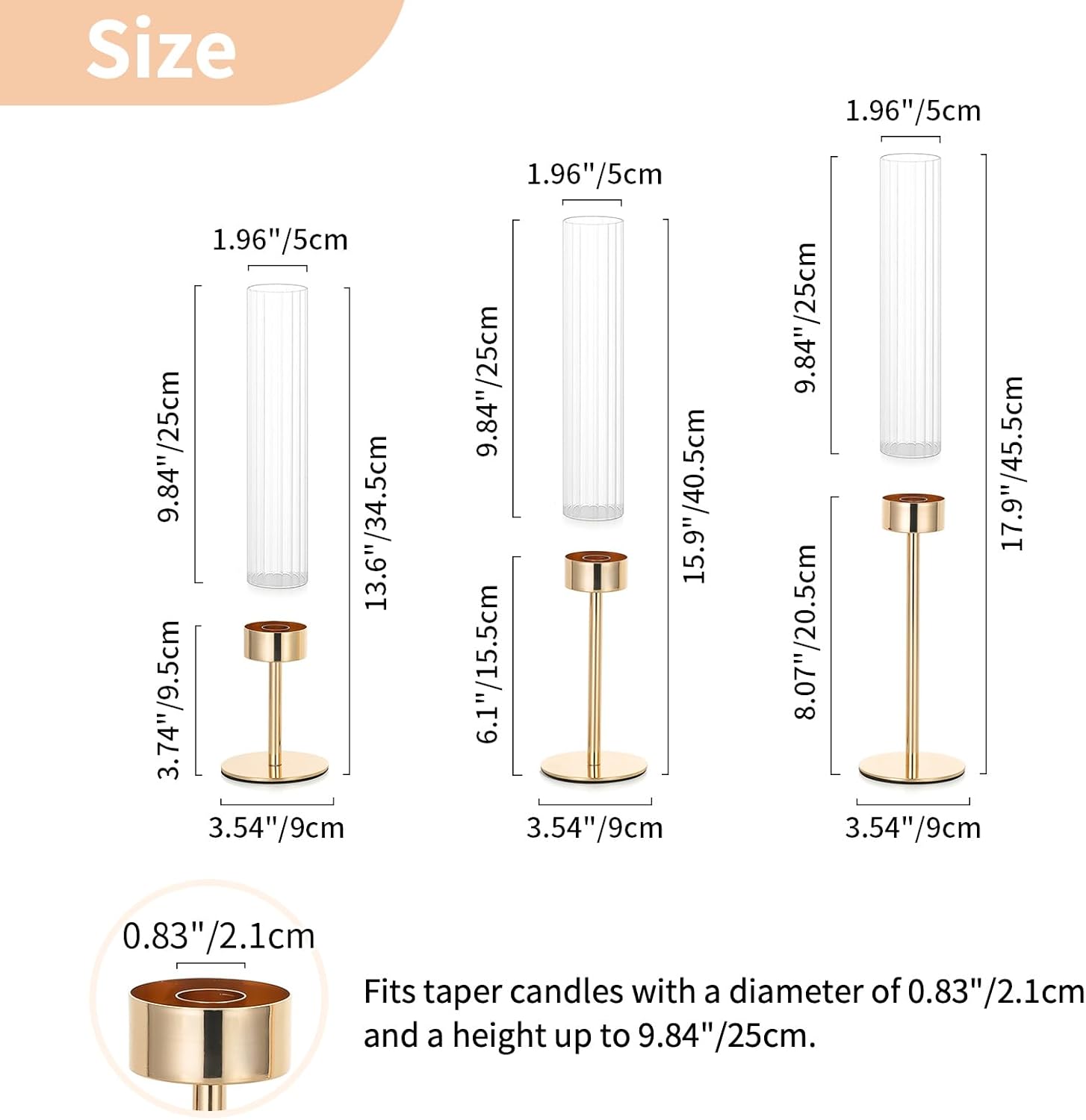 NUPTIO Tall Candlestick Holders - Elegant Hurricane Candle Holders with Ribbed Glass Sleeve | Gold Metal Set of 3 for Table & Fireplace Decor