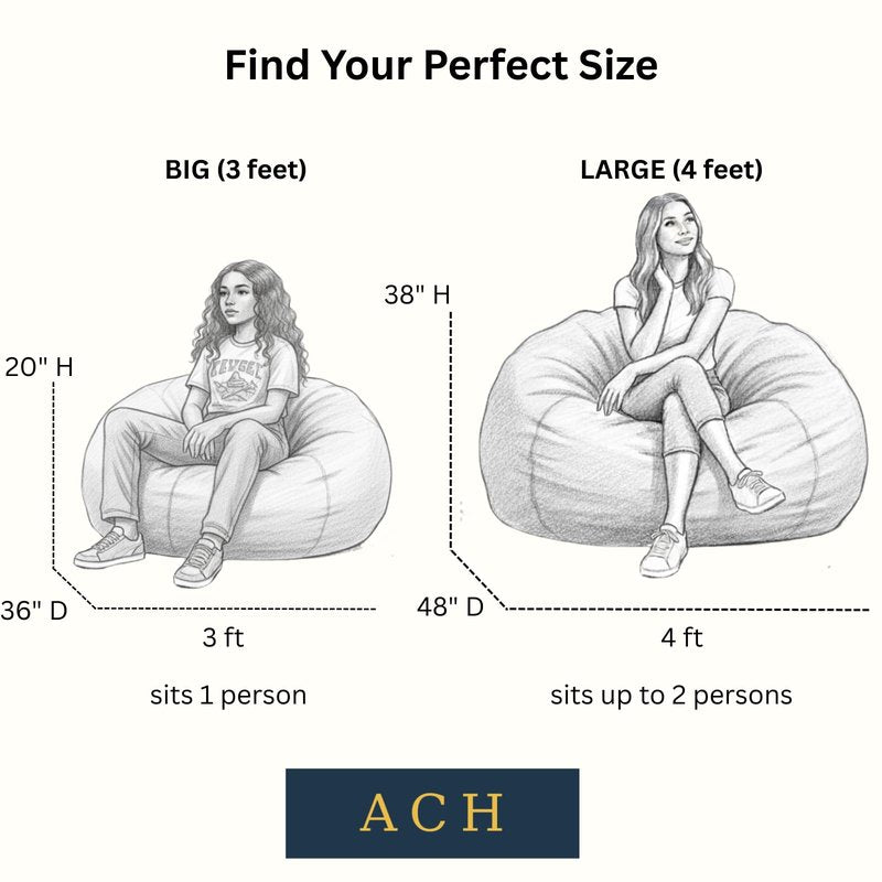 ACH Big Bean Bag Chair 3FT – Memory Foam Filled, Soft Velvet Cover, Removable & Washable – Perfect Lounging Chair for Kids & Teens – Big Bean Bag for Bedroom, Living Room, & Gaming (Black, BIG - 3FT)