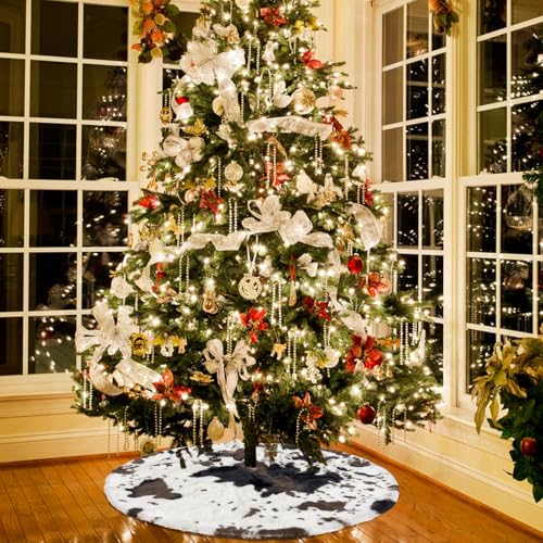 30-Inch Cow Print Christmas Tree Skirt - Black & White Faux Fur Decor