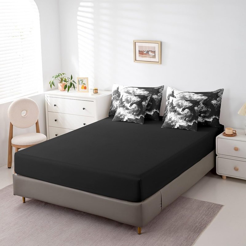 Erosebridal Gothic Dragon Bed in a Bag Queen Comforter Set 7 Piece,Black and White Vintage Fantasy Castle Bedding Sets Dark Sky Mythical Animal Sheet Set with Comforter