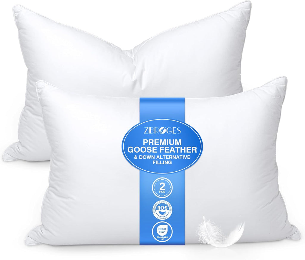 Skiennix Feather Pillows Set of 2 | Queen Size Goose Down Hotel Bed Pillows - Soft 600 Thread Count Cotton Cover, Fluffy Support for All Sleepers