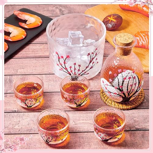 Irenare Japanese Sake Set with Cherry Blossom Design - 4 Cups, Bottle & Tank Gift