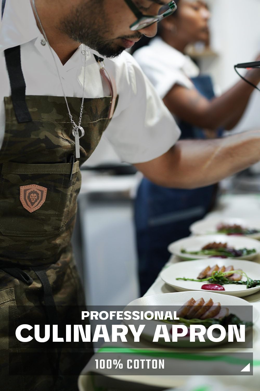 Dalstrong Professional Chef's Kitchen Apron - 4 Storage Pockets - 100% Poly-Cotton Camouflage - The Kitchen Rambo - Liquid Repellent Coating - Genuine Leather Accents - Adjustable Straps