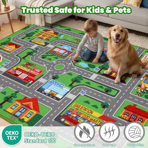 City Road Map Play Rug for Kids - 59 x 39.4 Inch Non-Slip Playmat