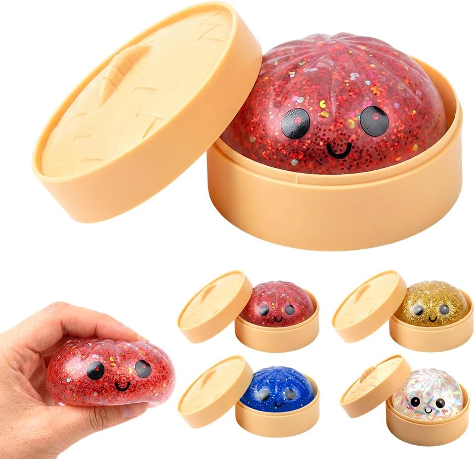 Skiennix Shimmering Dumpling Squishies - Colorful Stress Relief Fidget Balls | 4-Pack Red