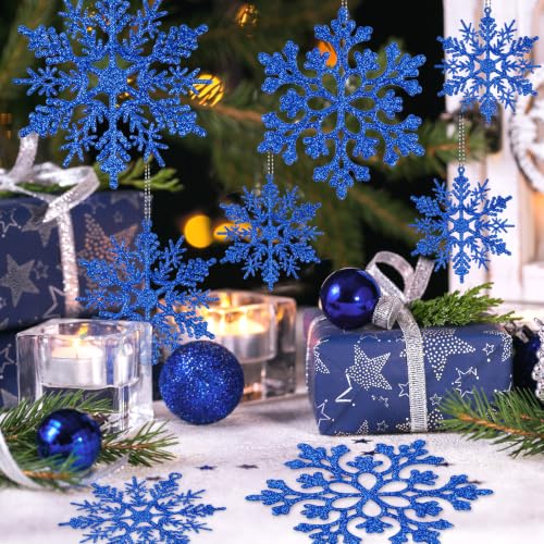 Royal Blue 36pcs Navy Blue Glitter Snowflake Ornaments for Christmas & Winter Decor