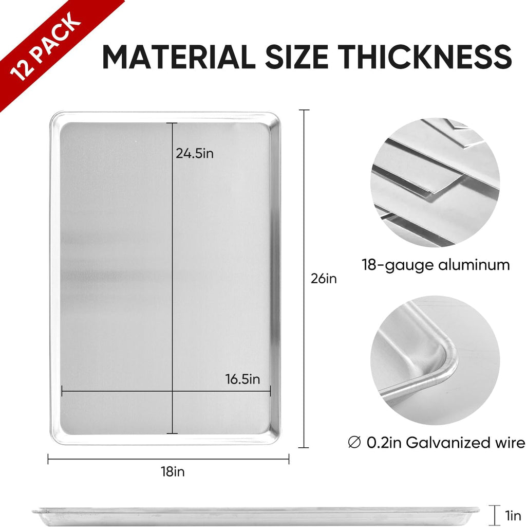 TENUP 12 Pack Aluminum Full Sheet Pan - Heavy Duty Baking Tray, 26" x 18", Warp-Resistant & Rust-Free