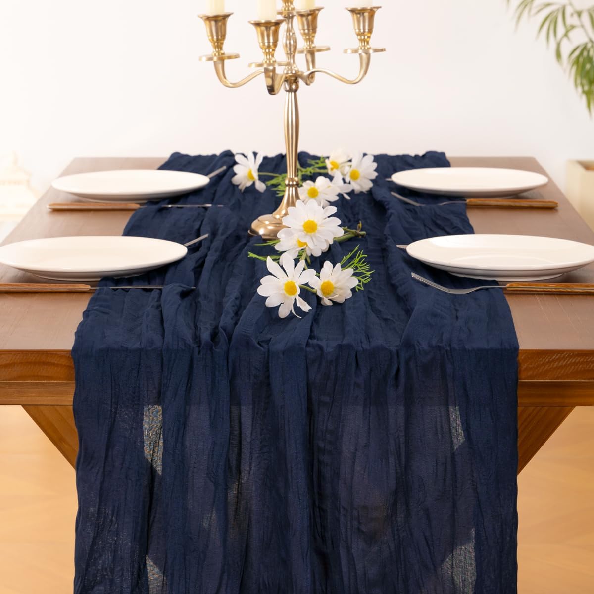 Socomi Cheesecloth Table Runner - Navy Blue Boho Rustic Design | 120 Inch for Weddings & Events