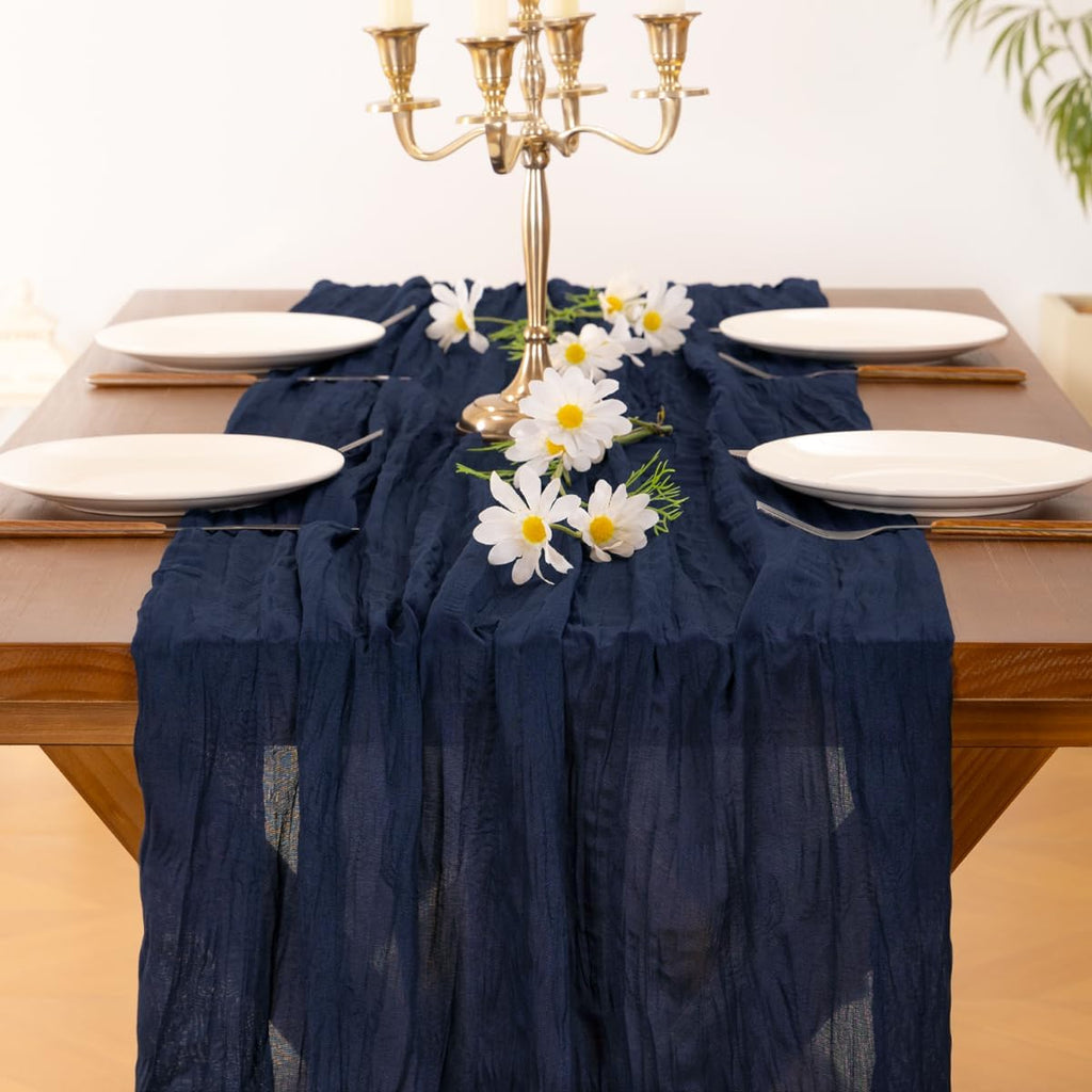 Socomi Cheesecloth Table Runner - 2pcs Navy Blue Boho Rustic 120 Inch for Weddings & Events