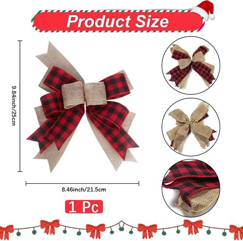 CREATCABIN Christmas Plaid Bow - 9.8 x 8.5 Inch Burlap Xmas Bowknot for Wreaths & Holiday Decor