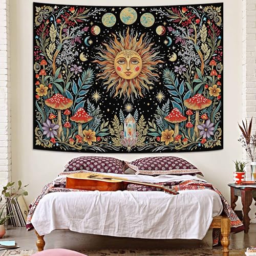Boho Sun and Moon Wall Tapestry - Vintage Celestial Mushroom Wall Hanging